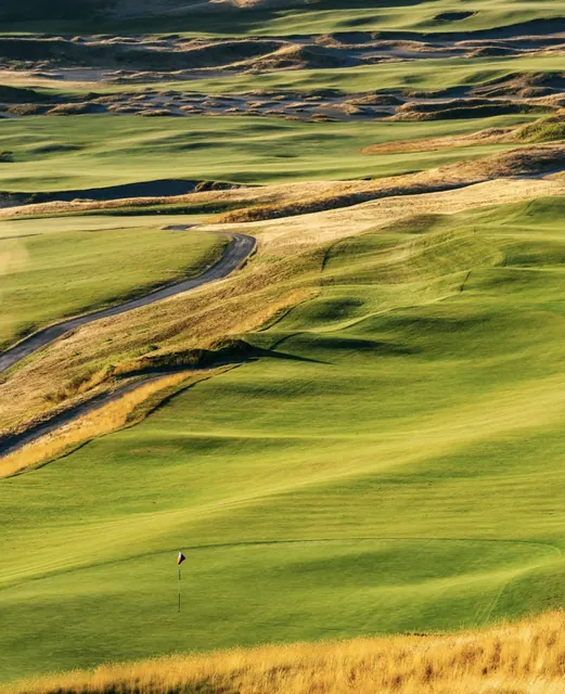 Chambers Bay green with a single flagstick set below rolling fescue dunes in evening light