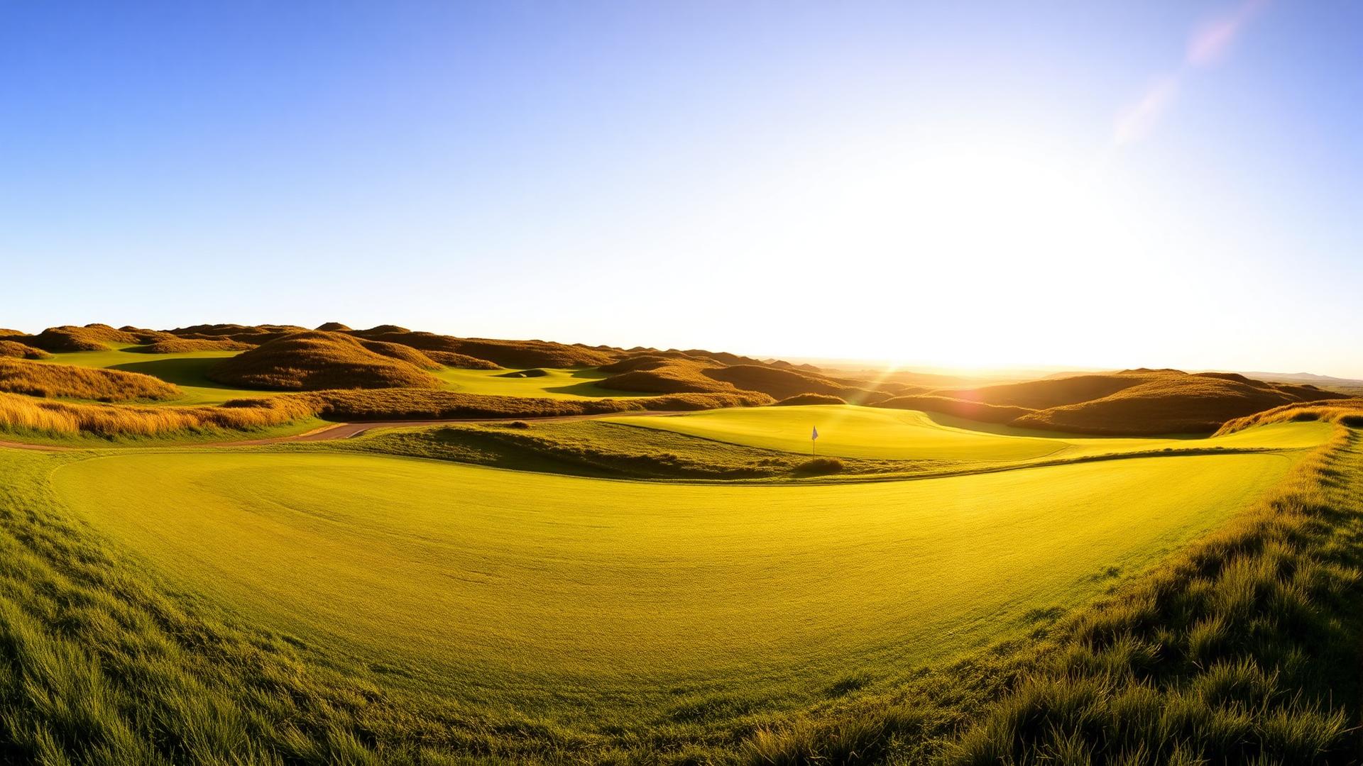 Sunlit green golf fairway