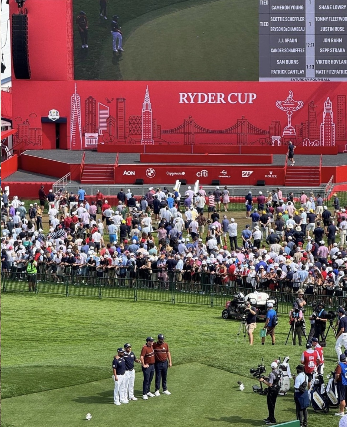 Ryder Cup big screen and crowd on the 1st tee