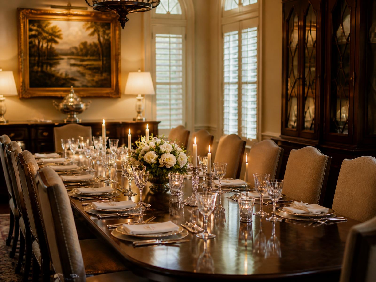 Refined private dining room in a Southern residence, of the kind arranged for executive groups through independent catering providers