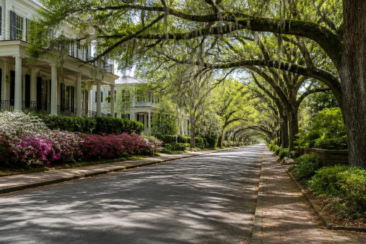 Tree lined residential street of traditional houses in Augusta, Georgia in spring