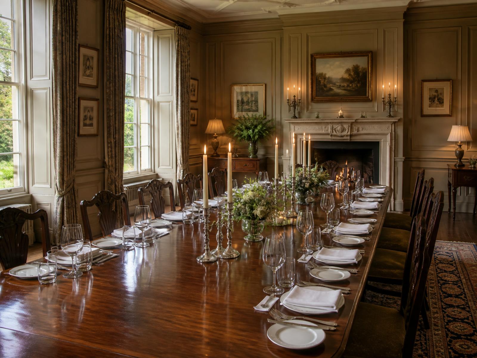 Panelled private dining room in an English country house, of the kind arranged for executive groups through independent catering providers