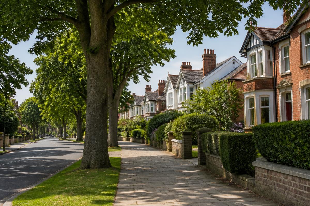 Quiet tree lined residential road on the Lancashire Fylde coast with substantial period houses in summer