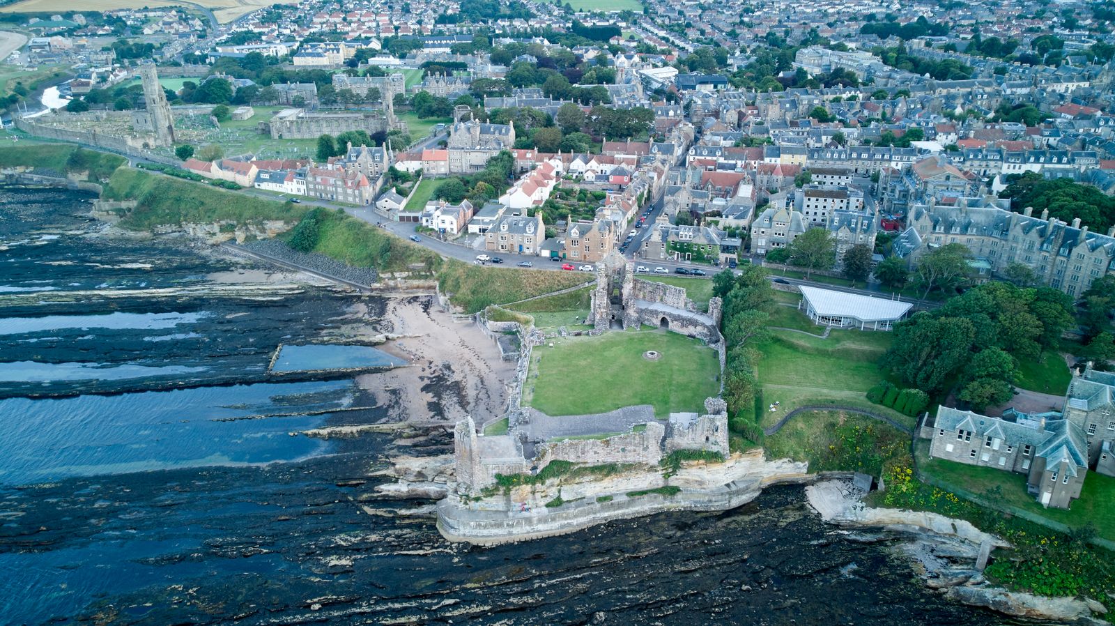 Aerial view of St Andrews and the Fife coastline, host town of The Open Championship 2027